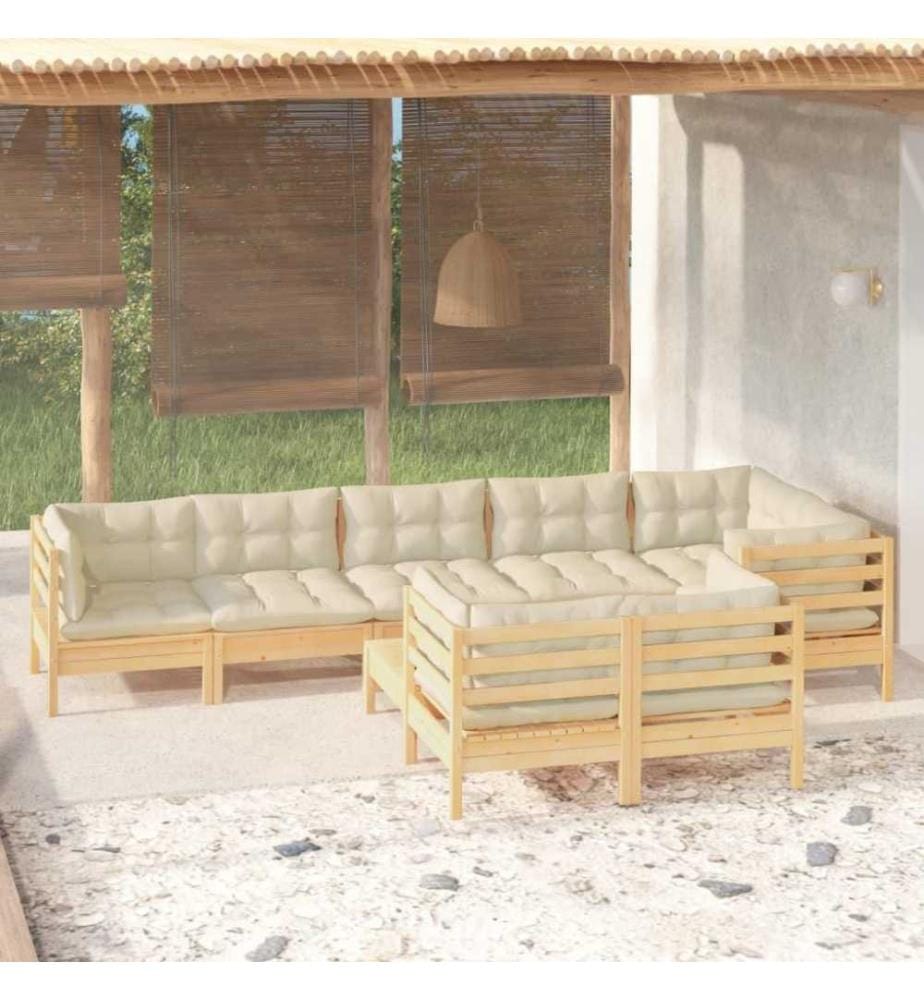 Salon de jardin 9 pcs avec coussins crème Bois de pin massif