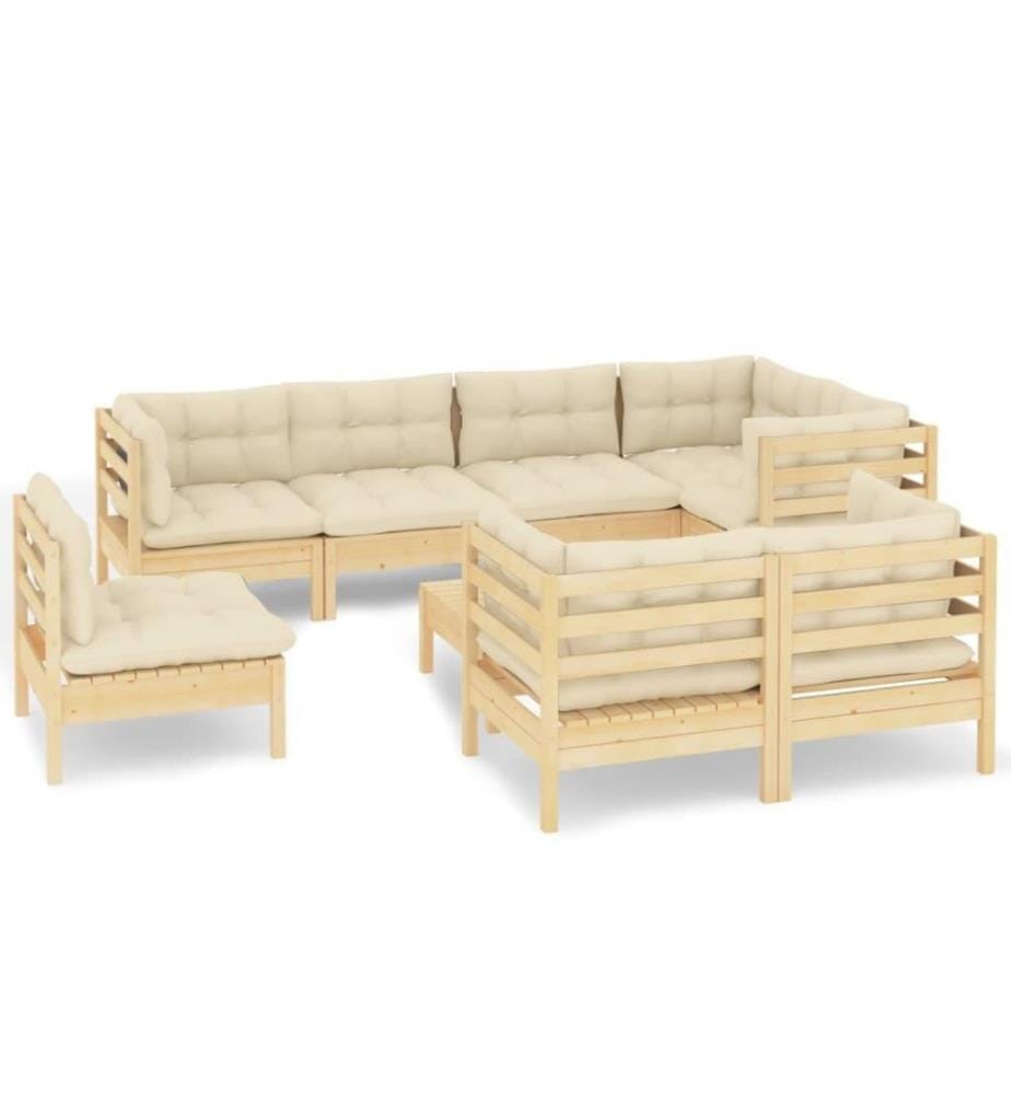 Salon de jardin 9 pcs avec coussins crème Bois de pin massif