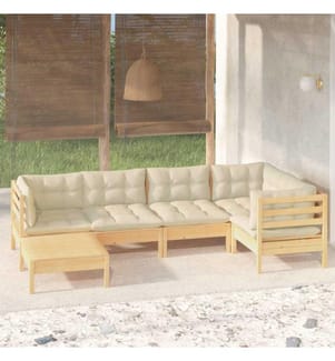 6-tlg. Garten-Lounge-Set mit Creme Kissen Massivholz Kiefer