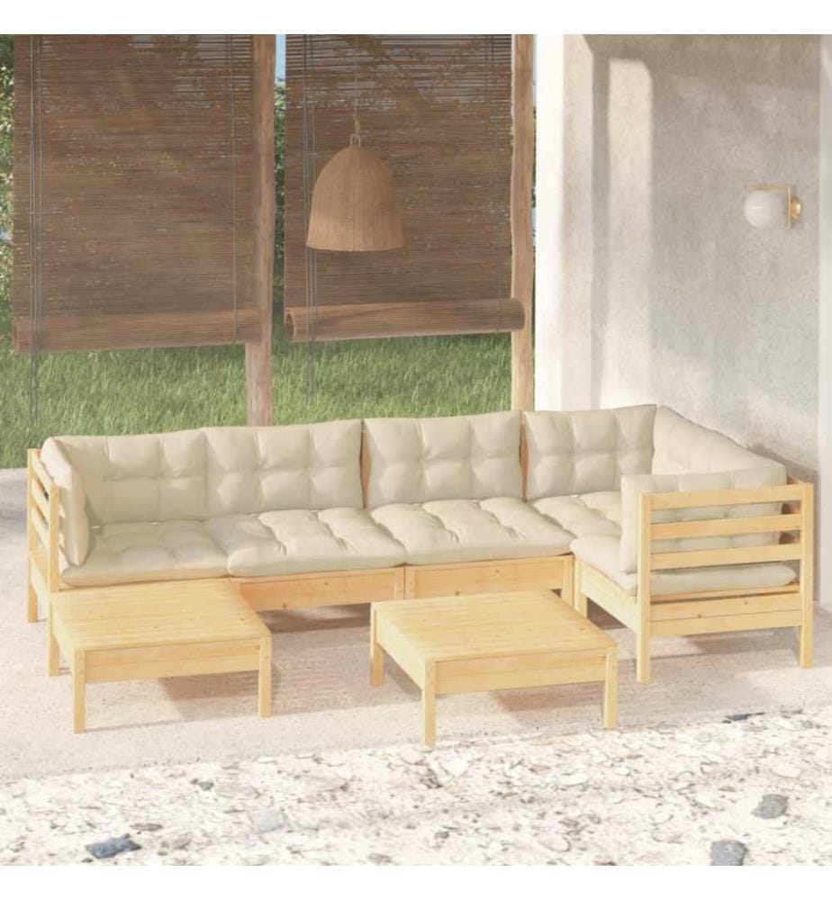 Salon de jardin 7 pcs avec coussins crème Bois de pin massif