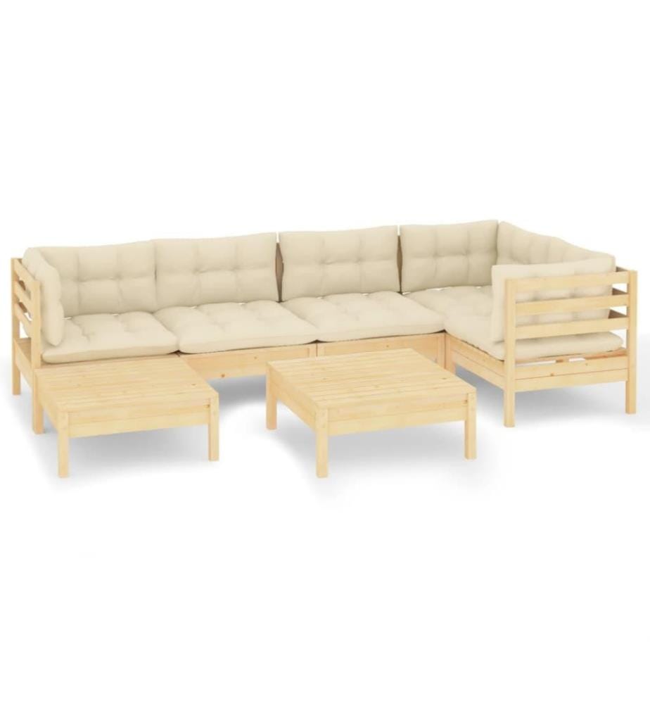 Salon de jardin 7 pcs avec coussins crème Bois de pin massif
