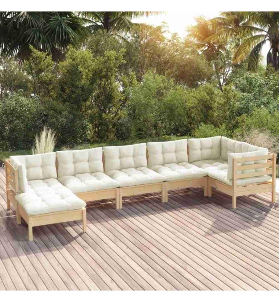 Salon de jardin 7 pcs avec coussins crème Bois de pin solide