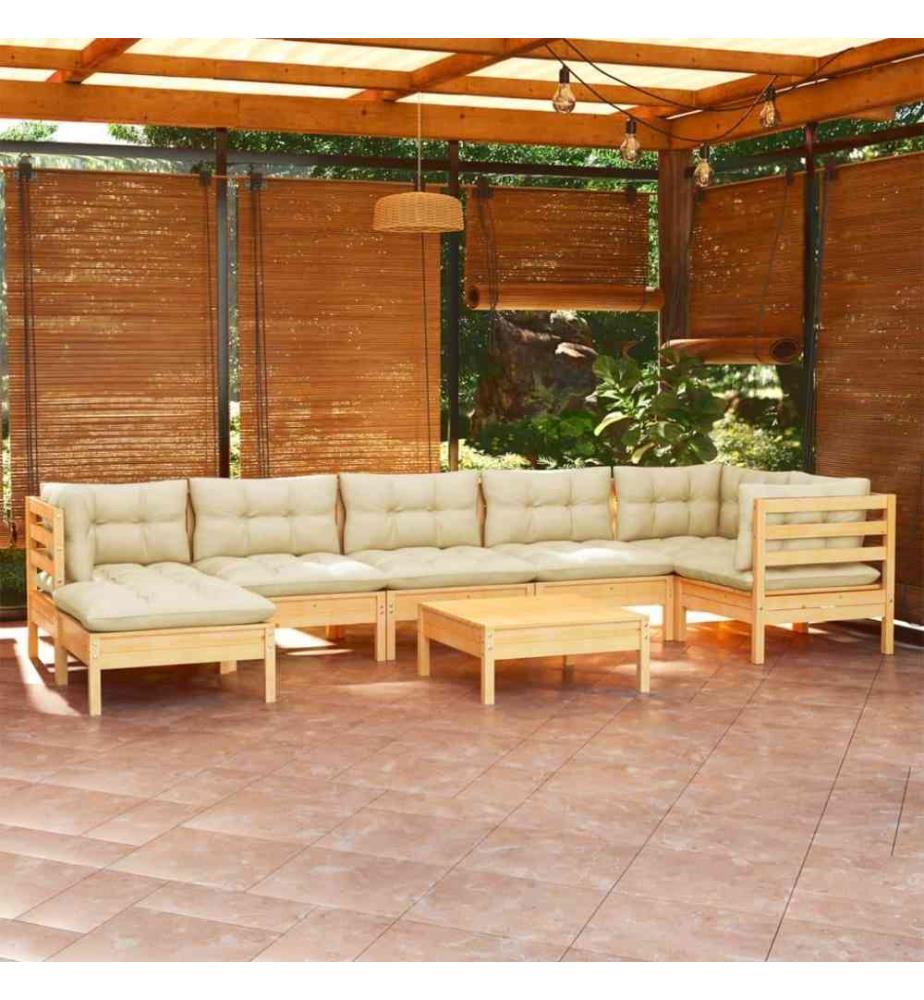 Salon de jardin 8 pcs avec coussins crème Bois de pin solide