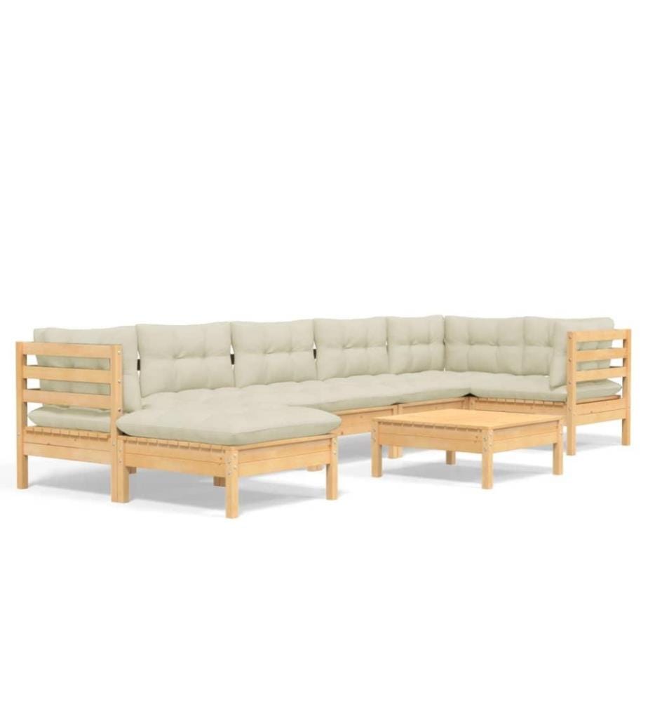 Salon de jardin 8 pcs avec coussins crème Bois de pin solide