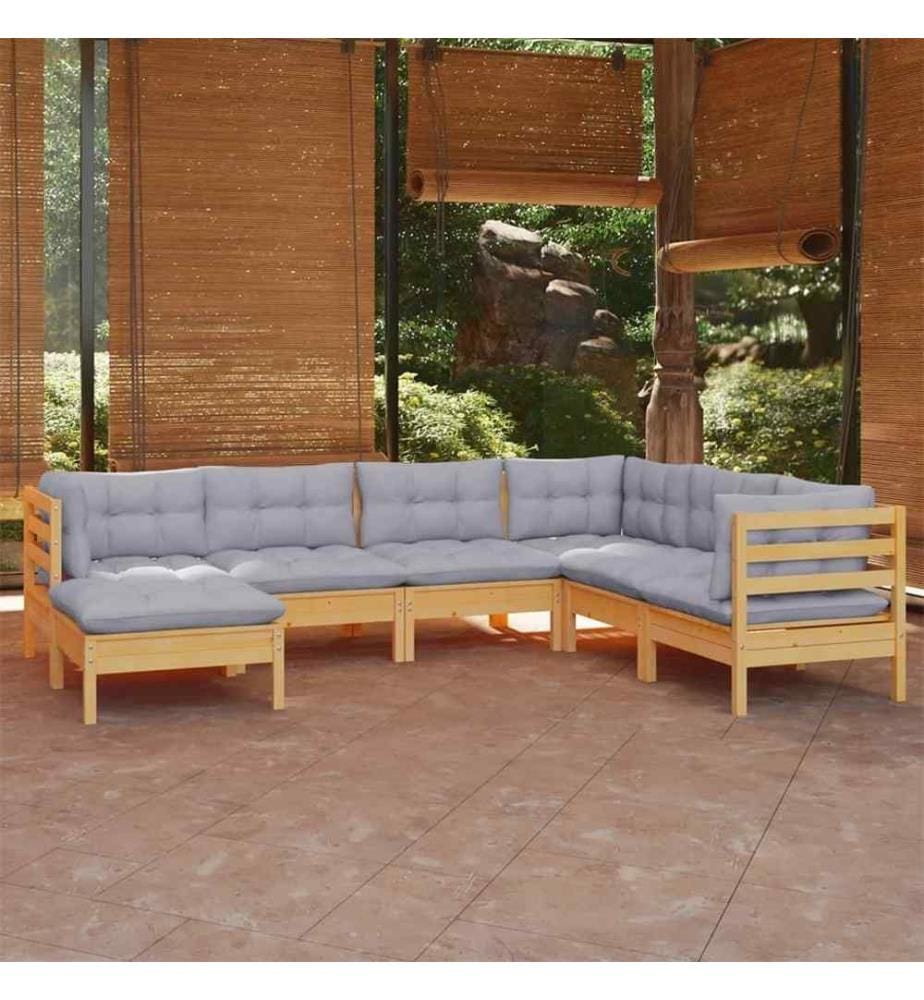 Salon de jardin 7 pcs avec coussins gris bois de pin solide