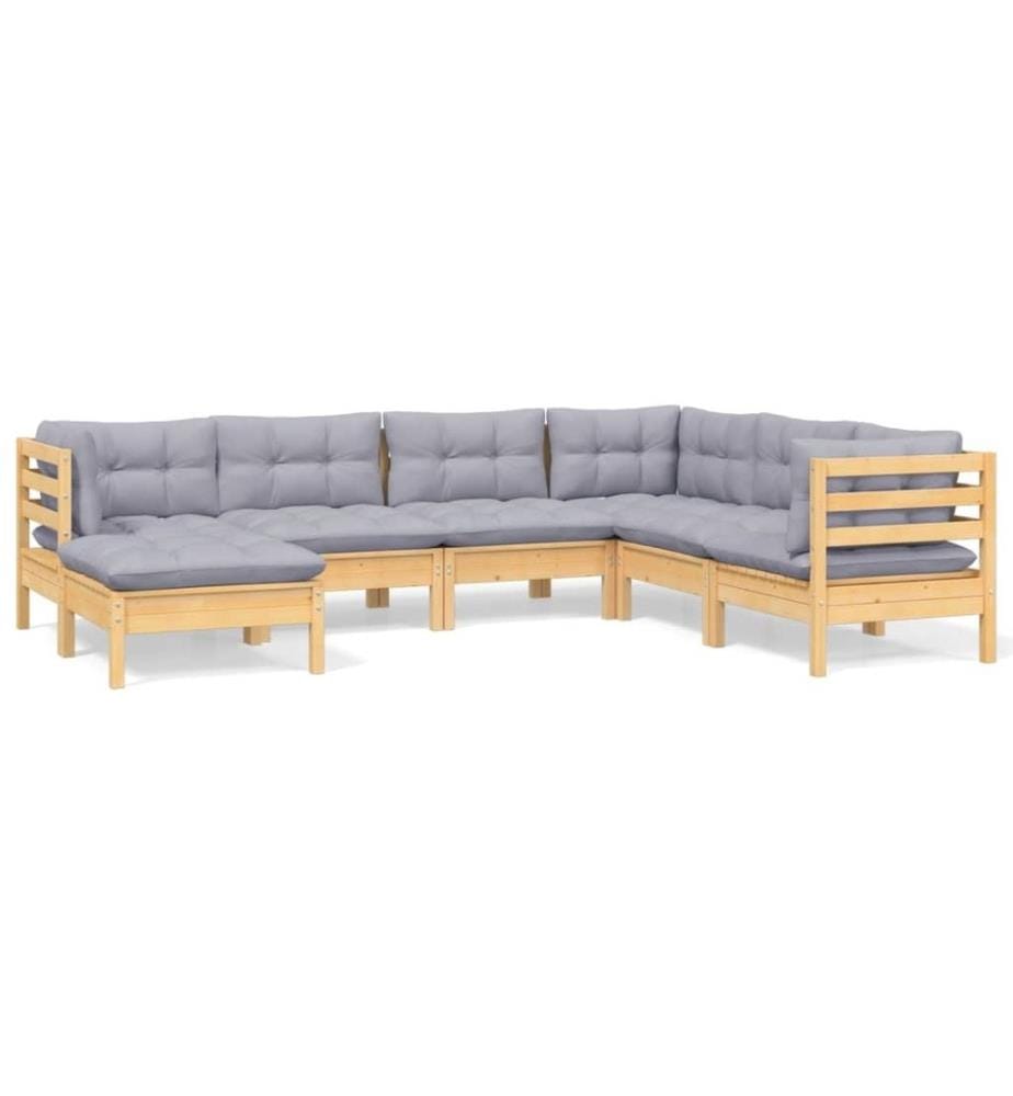 Salon de jardin 7 pcs avec coussins gris bois de pin solide