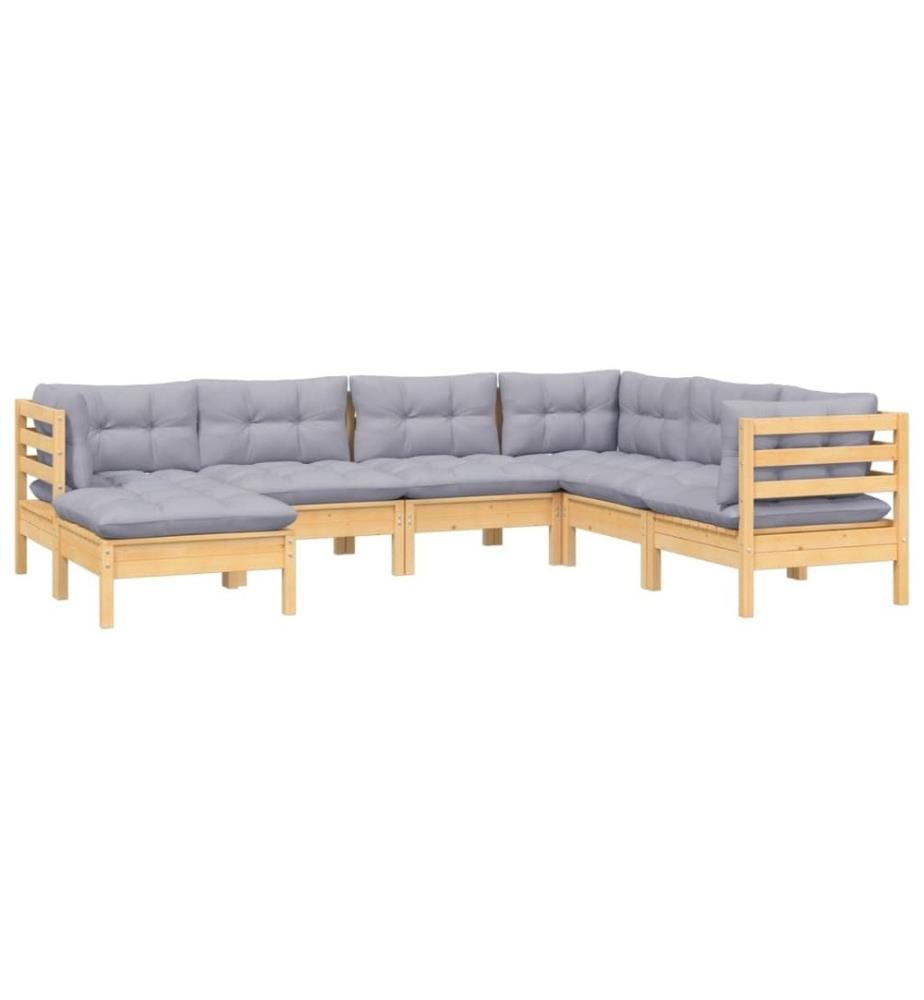 Salon de jardin 7 pcs avec coussins gris bois de pin solide