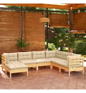 7-tlg. Garten-Lounge-Set mit Creme Kissen Massivholz Kiefer