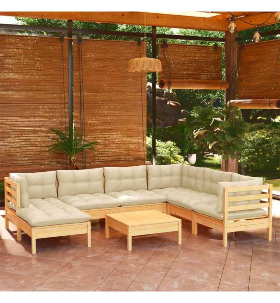Salon de jardin 8 pcs avec coussins crème Bois de pin solide
