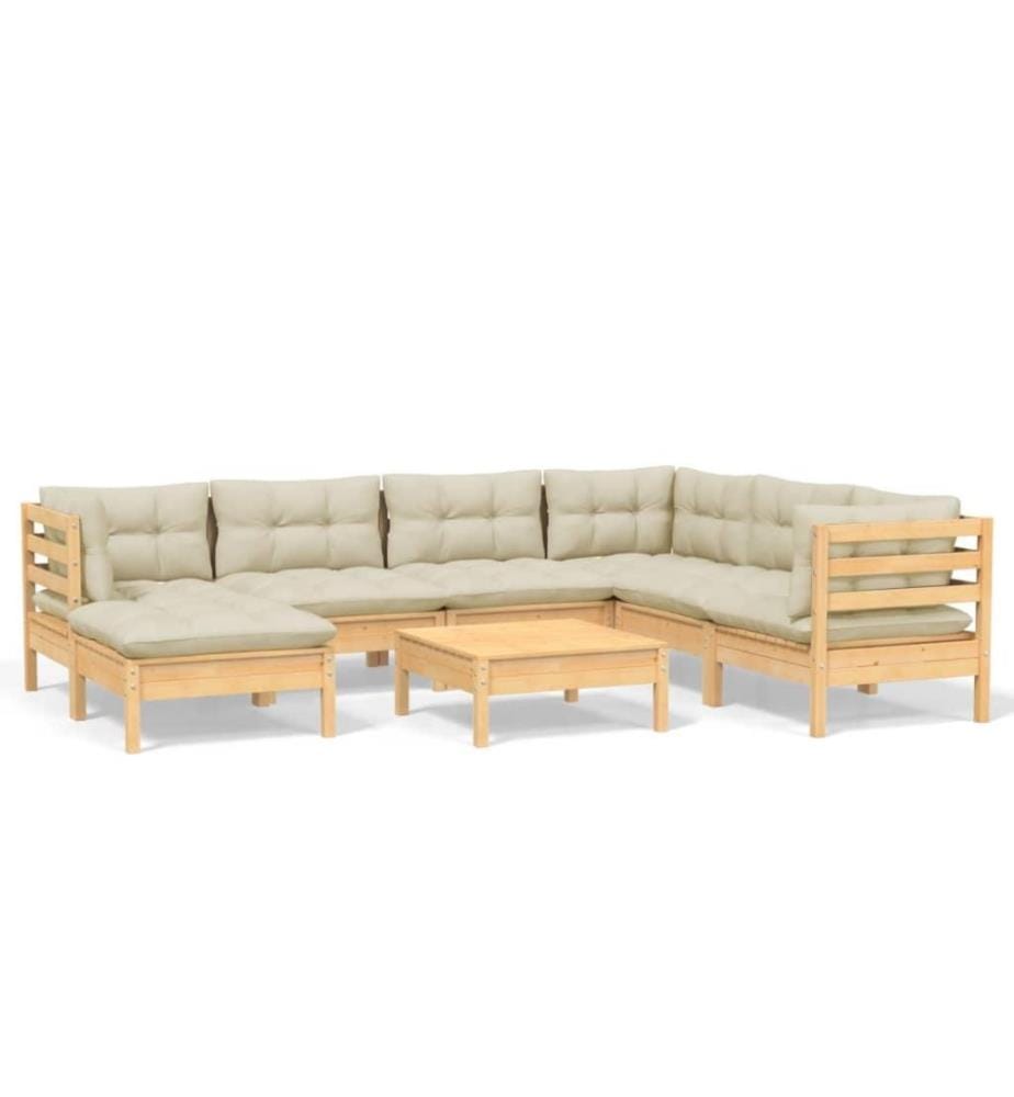 Salon de jardin 8 pcs avec coussins crème Bois de pin solide