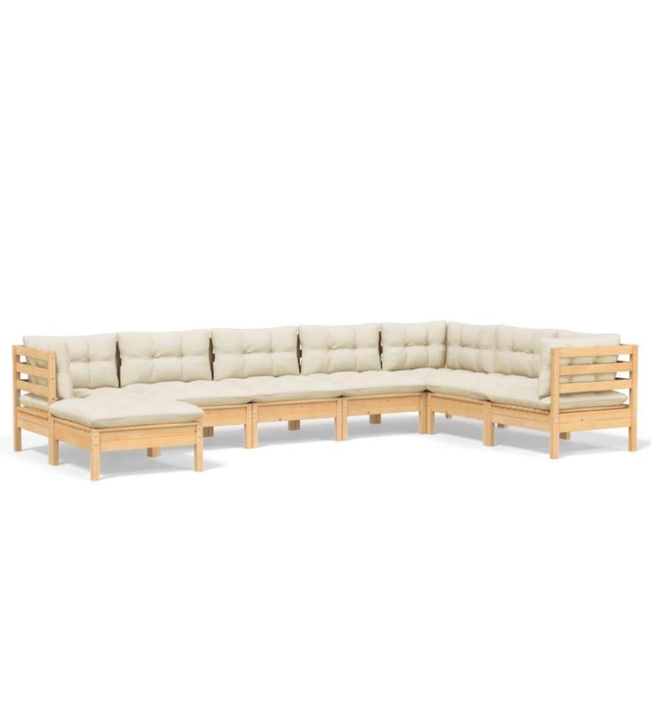 Salon de jardin 8 pcs avec coussins crème Bois de pin solide