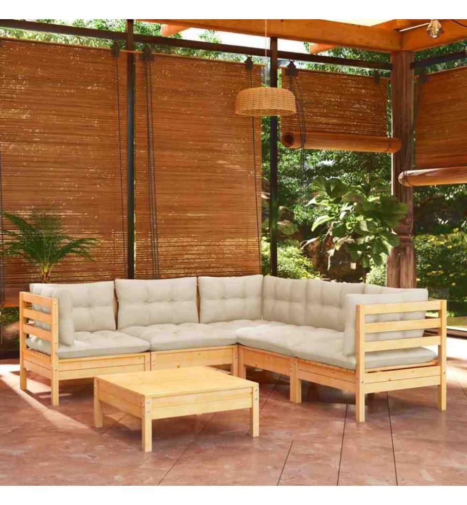 Salon de jardin 6 pcs avec coussins crème Bois de pin solide