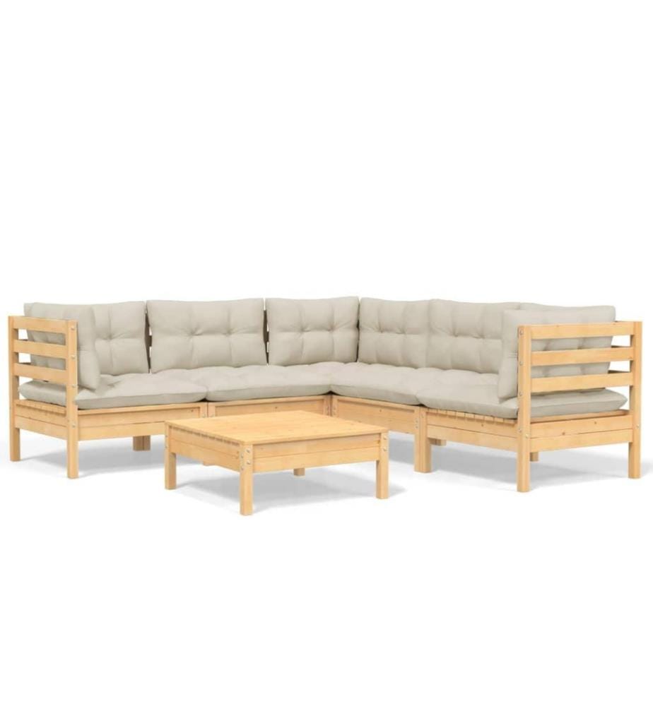 Salon de jardin 6 pcs avec coussins crème Bois de pin solide