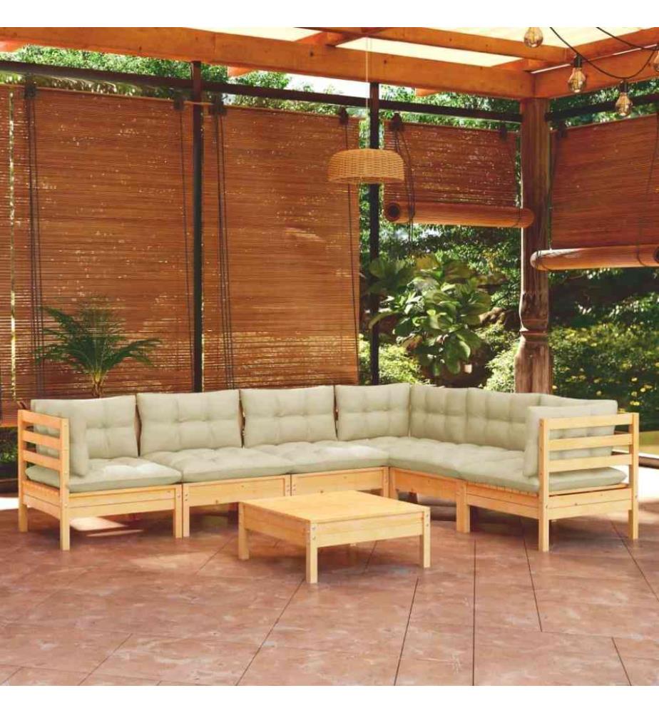 Salon de jardin 7 pcs avec coussins crème Bois de pin solide