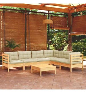 7-tlg. Garten-Lounge-Set mit Creme Kissen Massivholz Kiefer