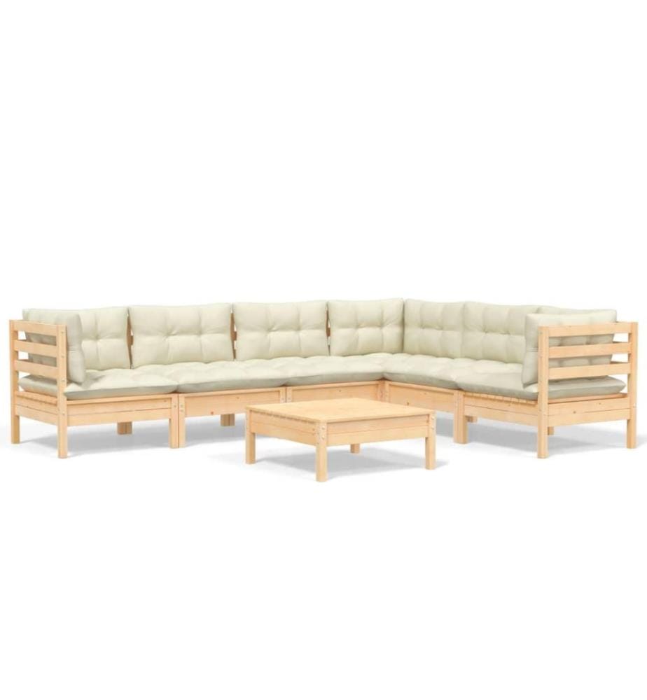 Salon de jardin 7 pcs avec coussins crème Bois de pin solide