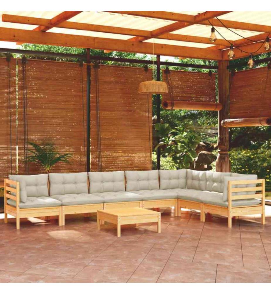 Salon de jardin 8 pcs avec coussins crème Bois de pin solide