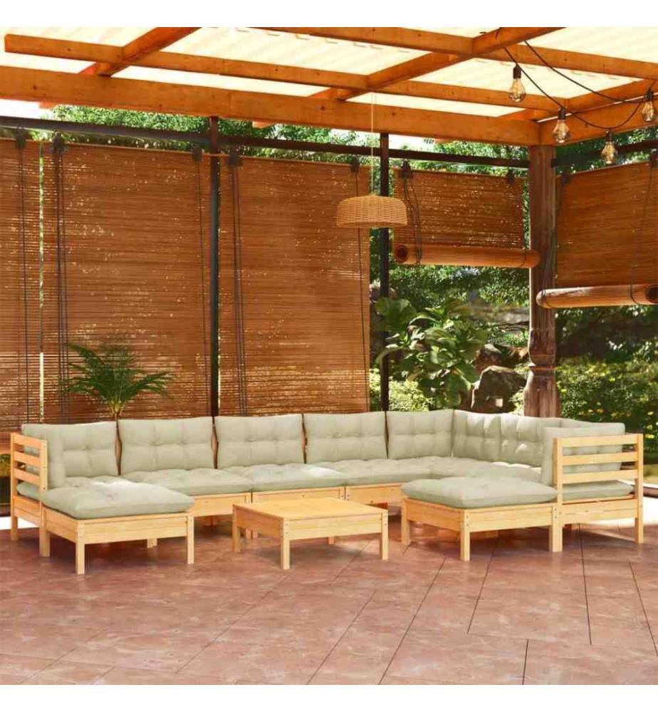 Salon de jardin 10 pcs avec coussins crème Bois de pin solide