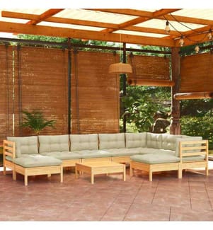 Salon de jardin 10 pcs avec coussins crème Bois de pin solide