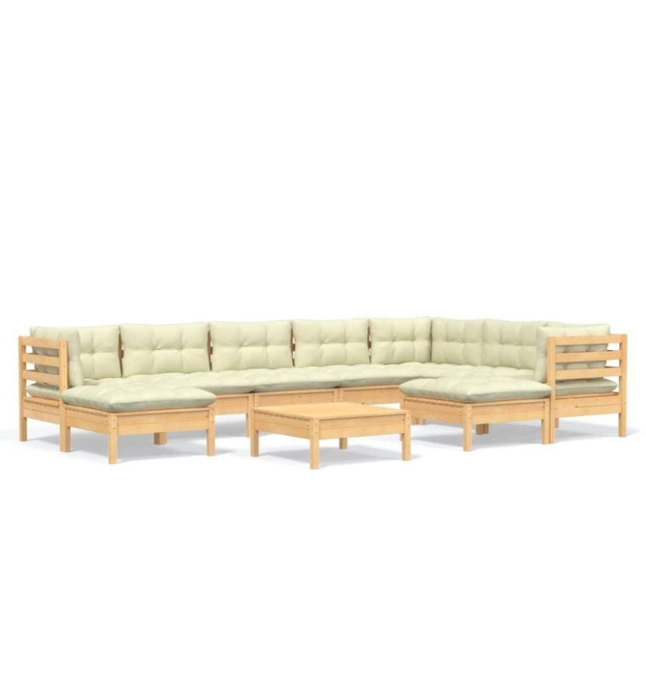 Salon de jardin 10 pcs avec coussins crème Bois de pin solide