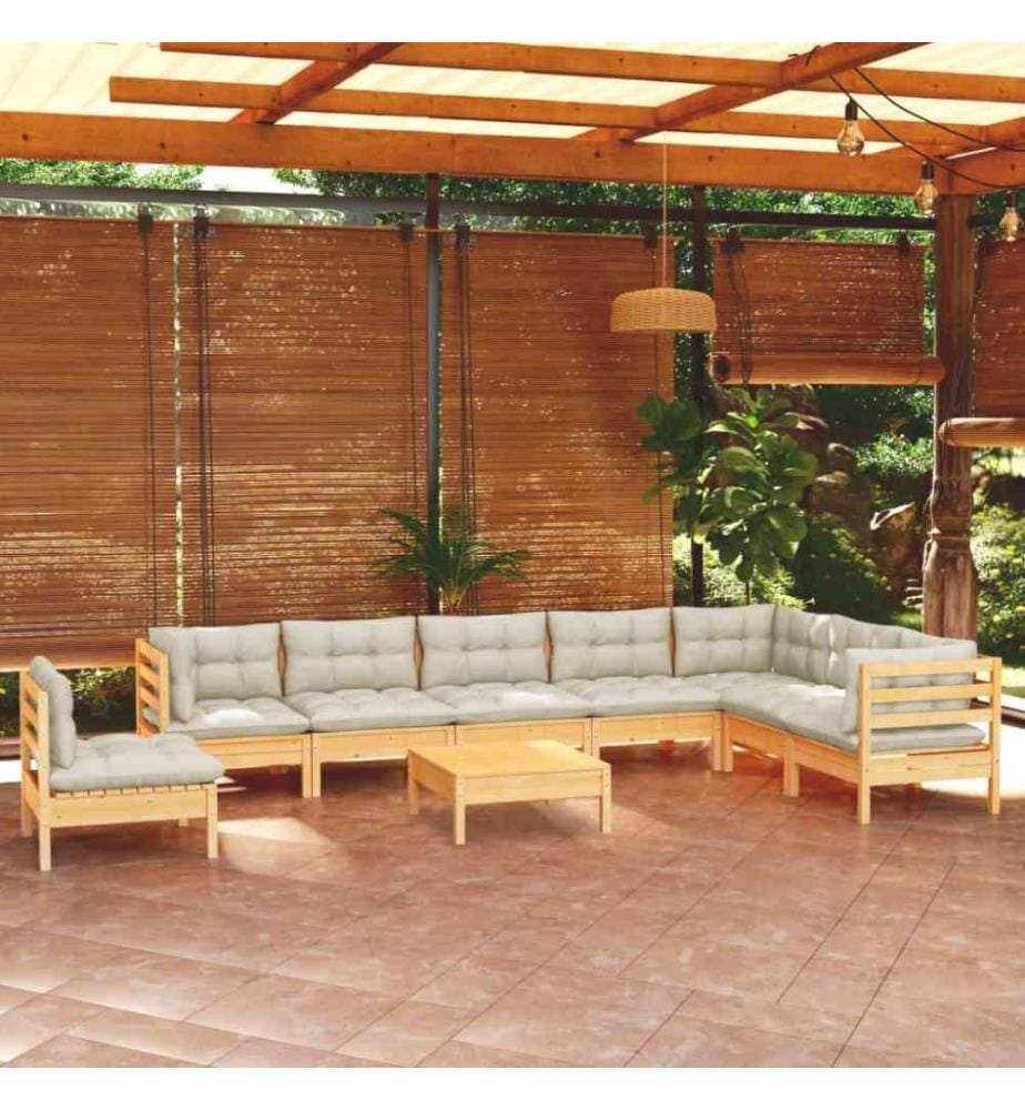Salon de jardin 9 pcs avec coussins crème Bois de pin solide