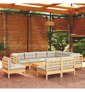 Salon de jardin 10 pcs avec coussins crème Bois de pin solide