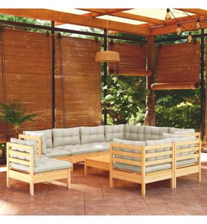 Salon de jardin 10 pcs avec coussins crème Bois de pin solide