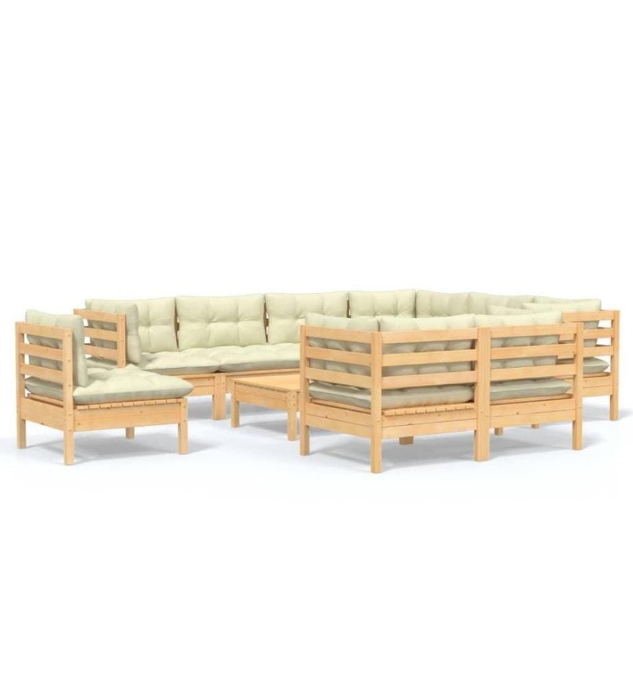 Salon de jardin 10 pcs avec coussins crème Bois de pin solide