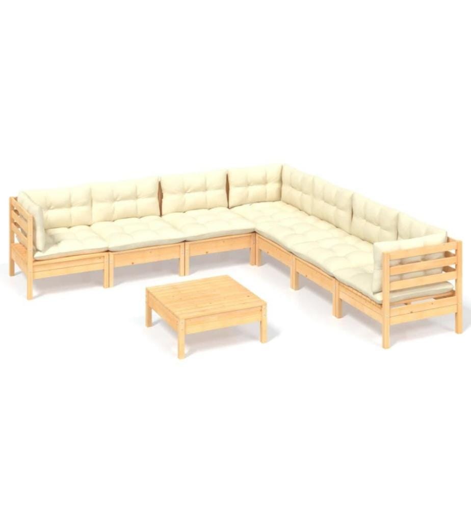 Salon de jardin 8 pcs avec coussins crème Bois de pin solide