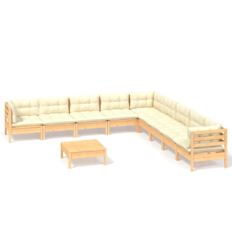 Salon de jardin 10 pcs avec coussins crème Bois de pin solide