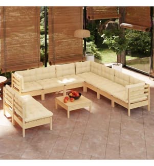 Salon de jardin 10 pcs avec coussins crème Bois de pin solide