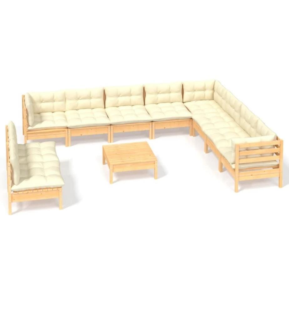 Salon de jardin 11 pcs avec coussins crème Bois de pin solide