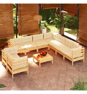 Salon de jardin 10 pcs avec coussins crème Bois de pin solide