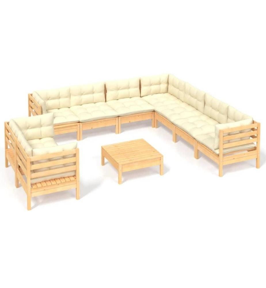 Salon de jardin 10 pcs avec coussins crème Bois de pin solide