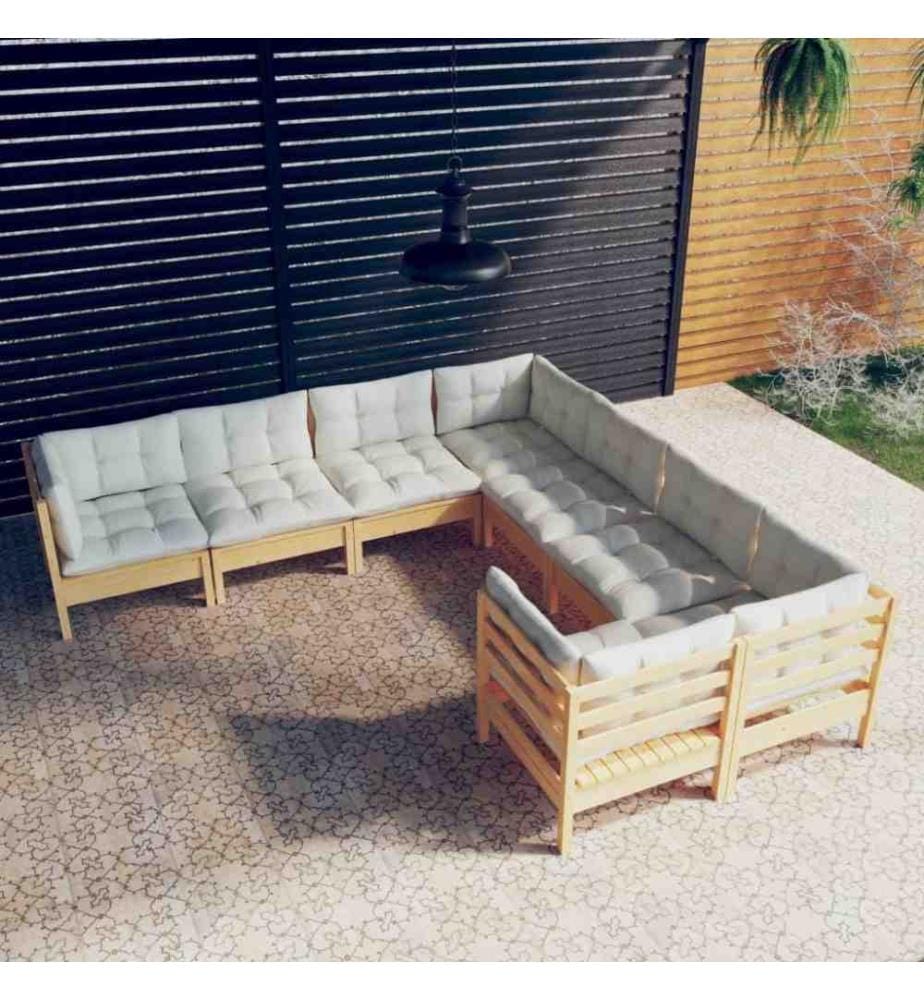 Salon de jardin 8 pcs avec coussins crème Bois de pin massif