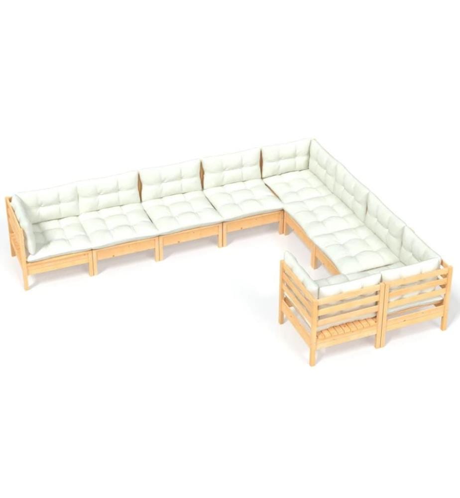 Salon de jardin 9 pcs avec coussins crème Bois de pin
