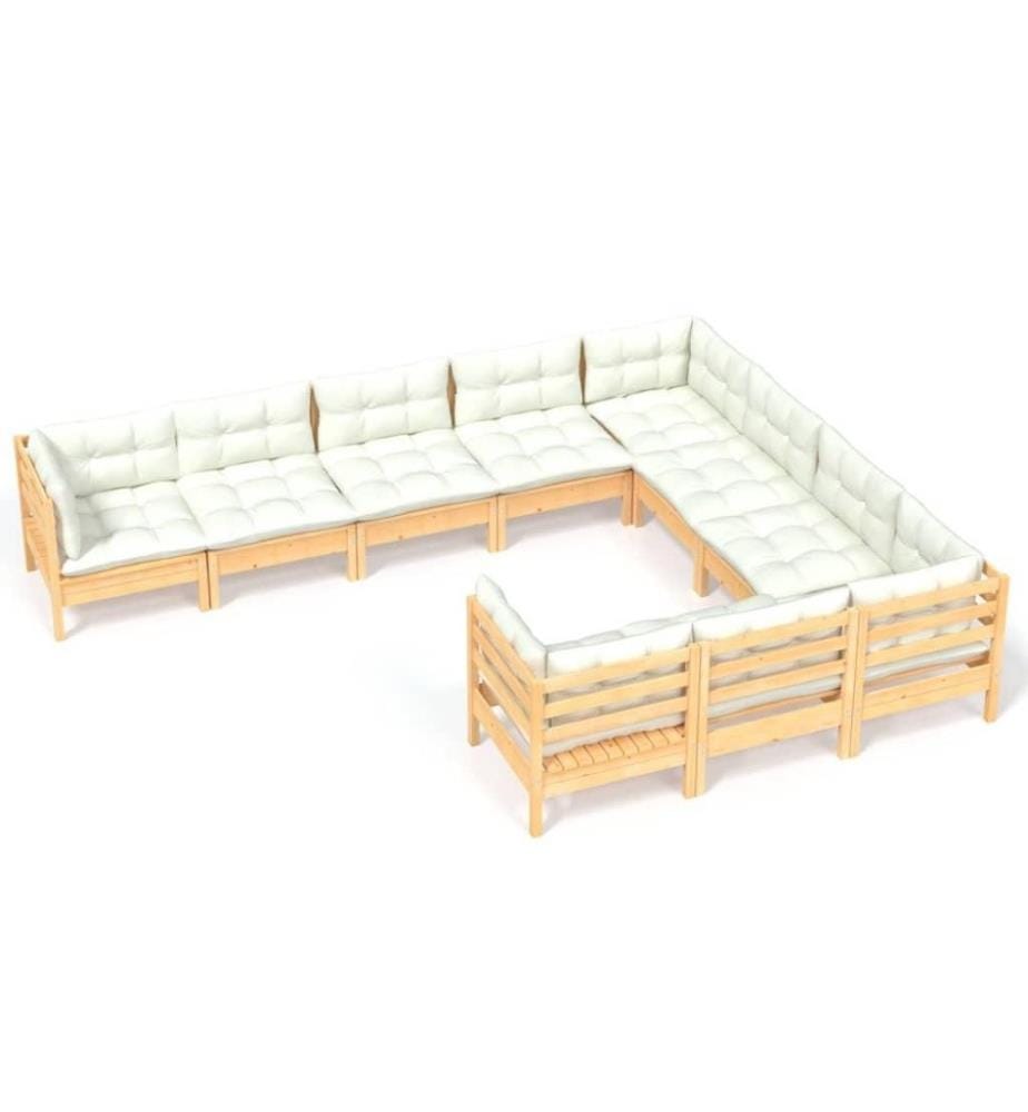 Salon de jardin 10 pcs avec coussins crème Bois de pin solide