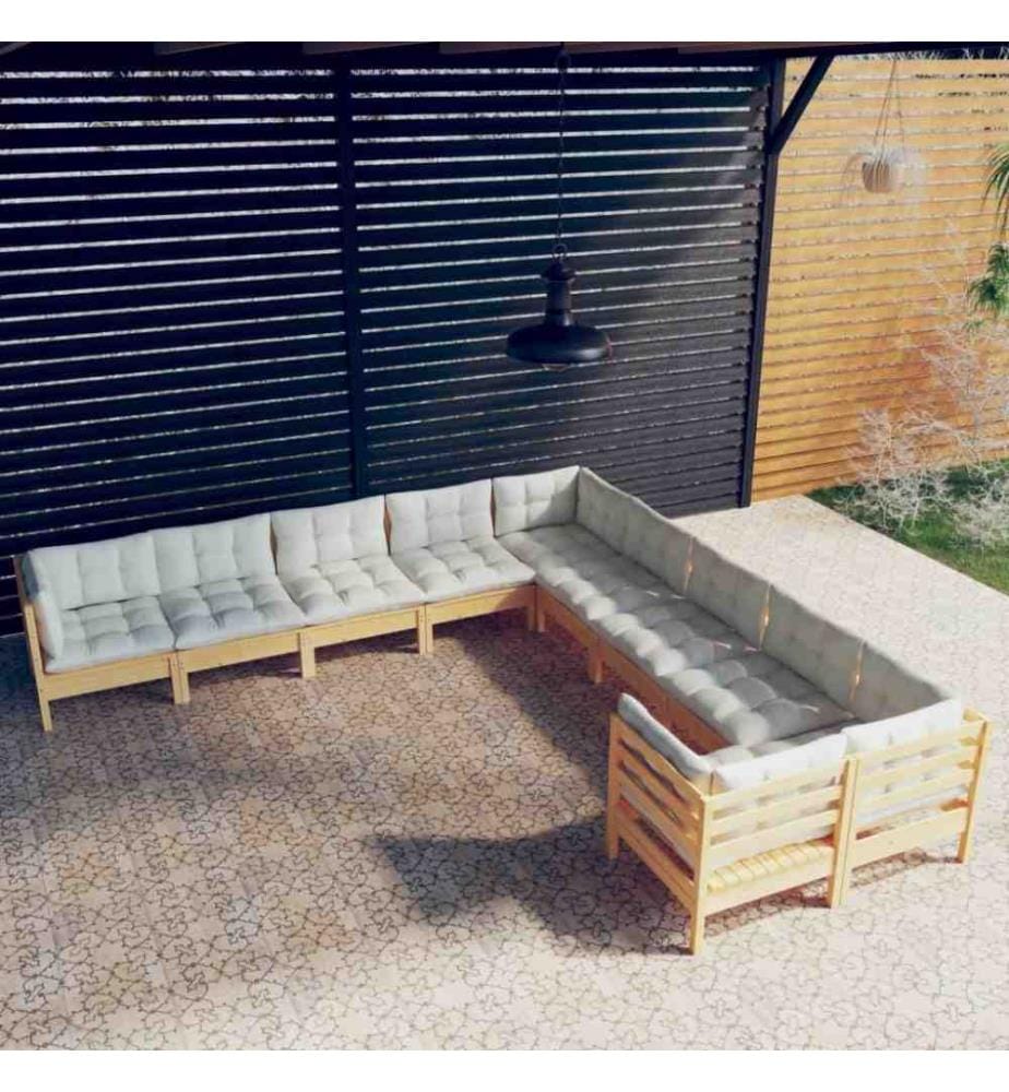 Salon de jardin 10 pcs avec coussins crème Bois de pin