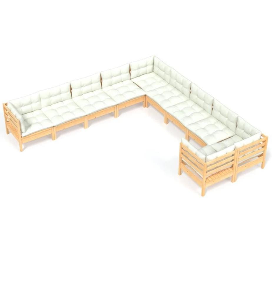 Salon de jardin 10 pcs avec coussins crème Bois de pin