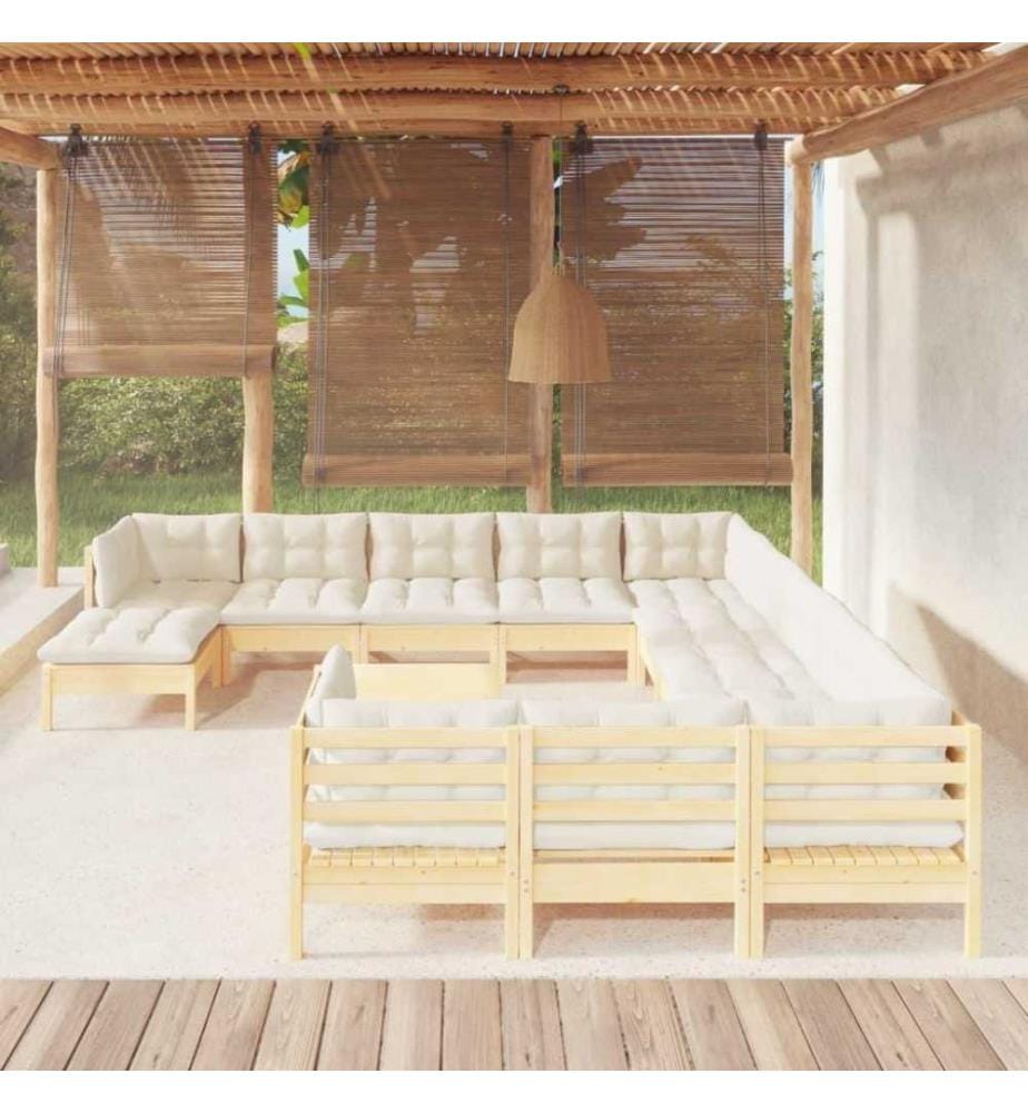 13-tlg. Garten-Lounge-Set mit Creme Kissen Kiefernholz