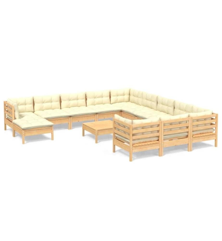 13-tlg. Garten-Lounge-Set mit Creme Kissen Kiefernholz