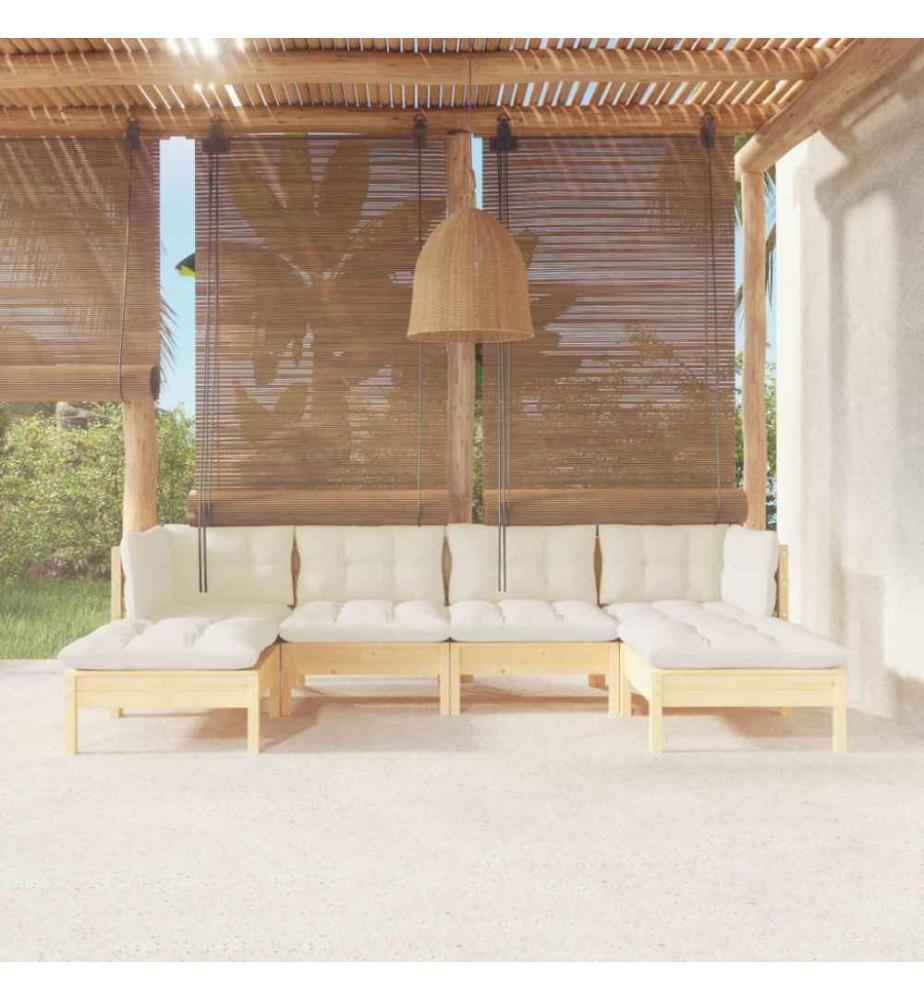 Salon de jardin 6 pcs avec coussins crème Bois de pin