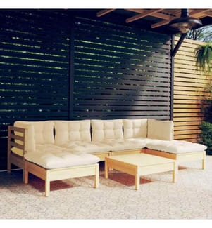 7-tlg. Garten-Lounge-Set mit Creme Kissen Kiefernholz