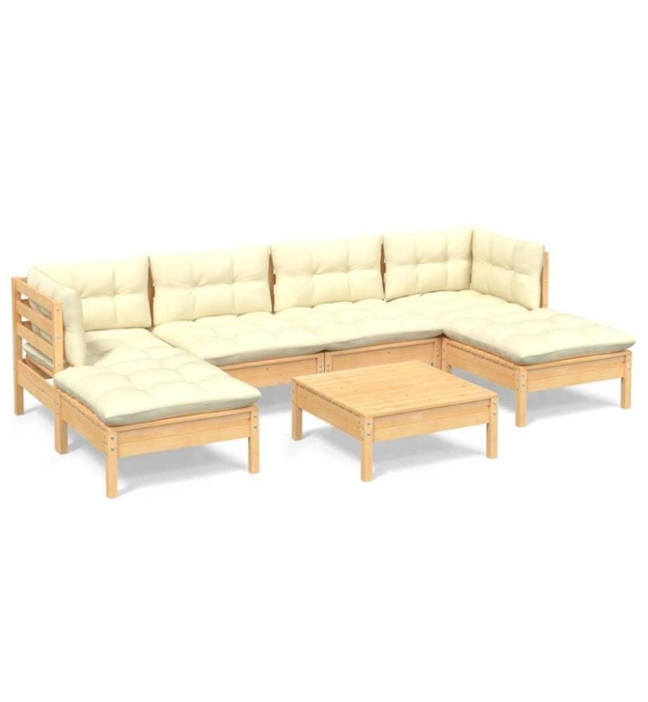 Salon de jardin 7 pcs avec coussins crème Bois de pin