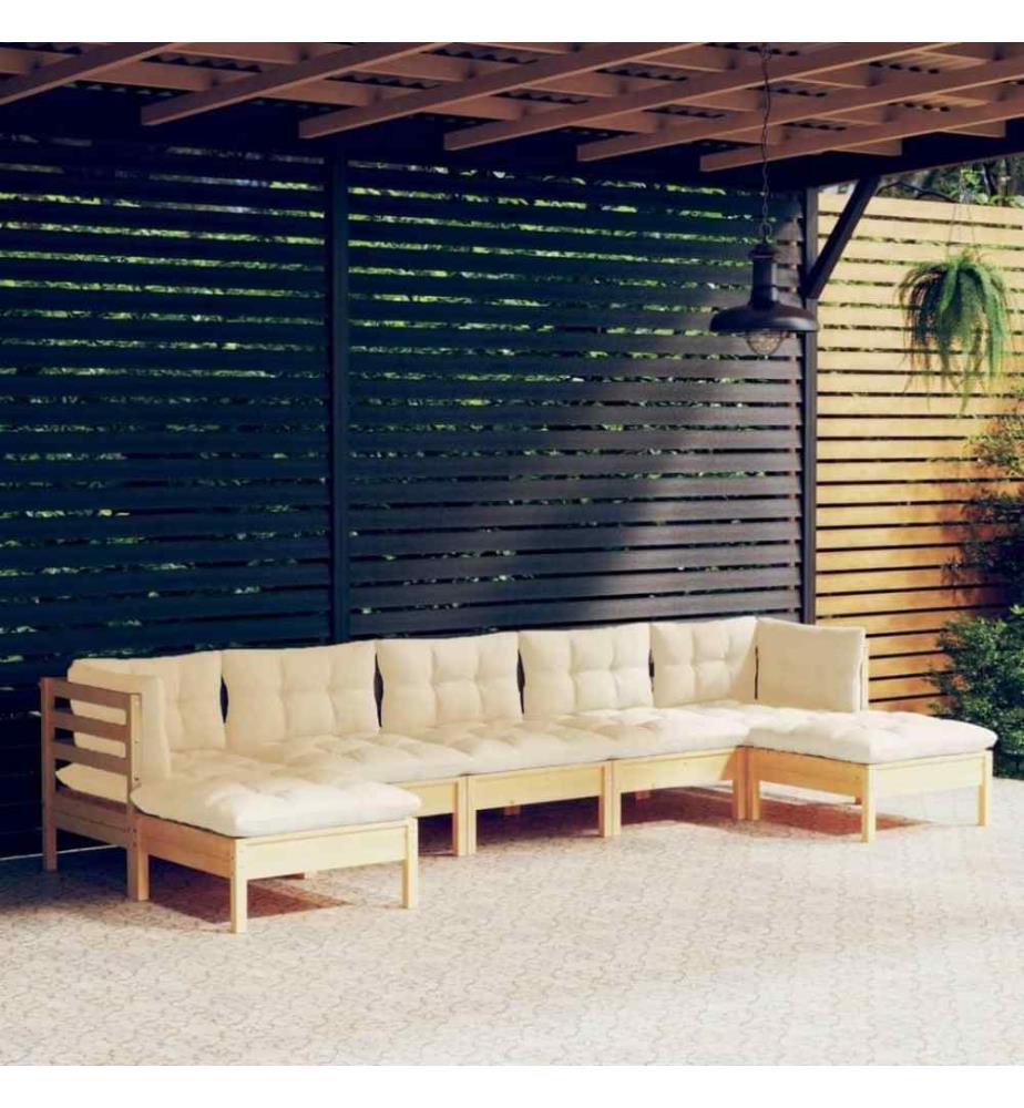 Salon de jardin 7 pcs avec coussins crème Bois de pin