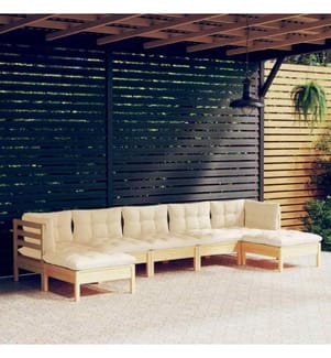 7-tlg. Garten-Lounge-Set mit Creme Kissen Kiefernholz