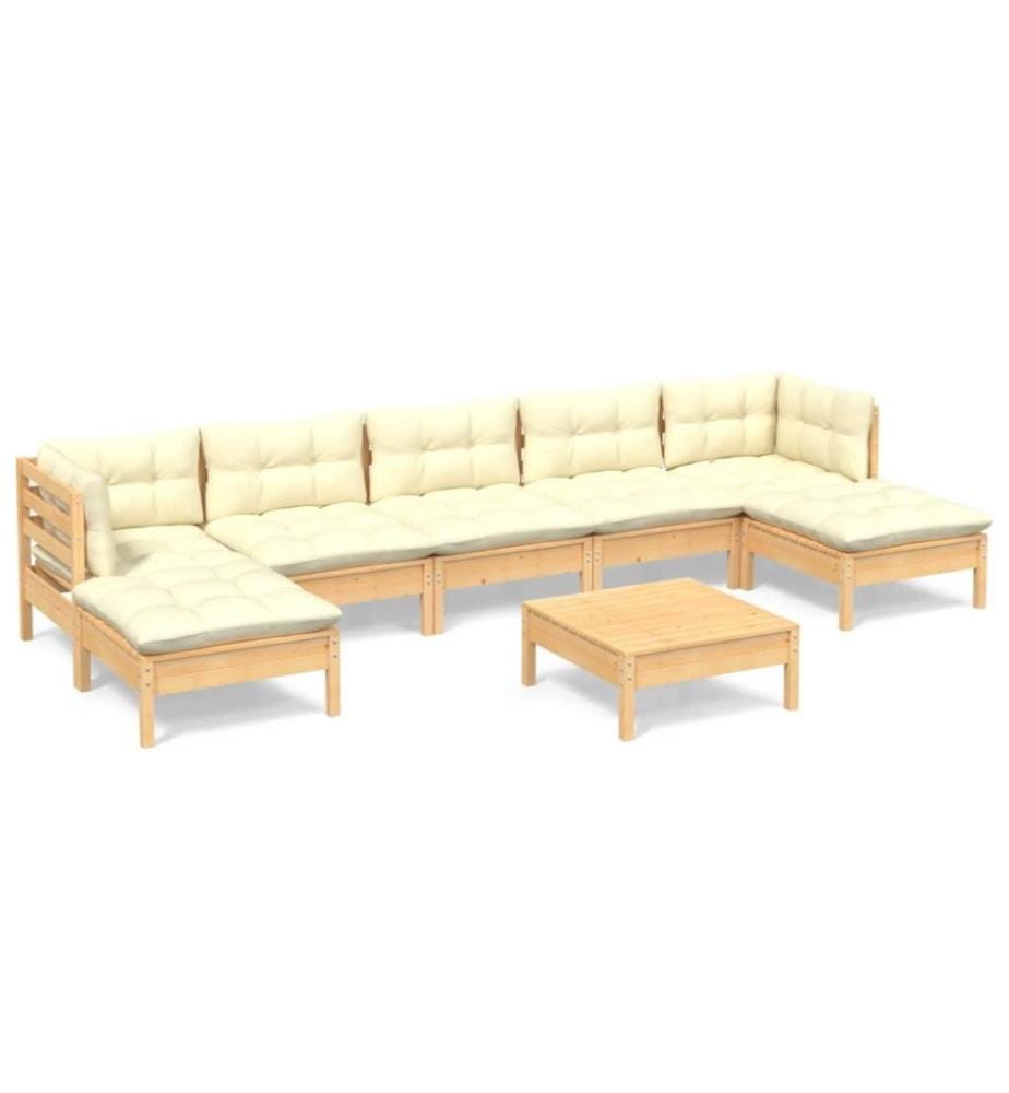 Salon de jardin 8 pcs avec coussins crème Bois de pin
