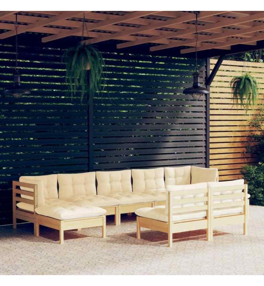 Salon de jardin 9 pcs avec coussins crème Bois de pin