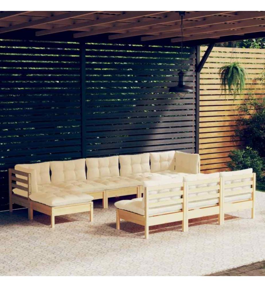 10-tlg. Garten-Lounge-Set mit Creme Kissen Kiefernholz