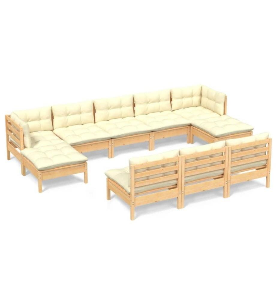 10-tlg. Garten-Lounge-Set mit Creme Kissen Kiefernholz